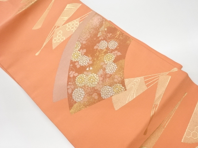 リサイクル　地紙に扇・菊模様織出し名古屋帯